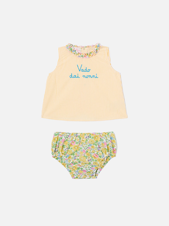 Abbie top and bloomer set with Vado dai nonni embroidery | Made with Liberty Fabric