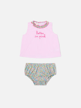 Abbie top and bloomer set with Better in pink embroidery | Made with Liberty Fabric