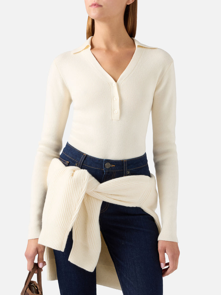 Body en maille de laine Aelis Off white avec col polo 