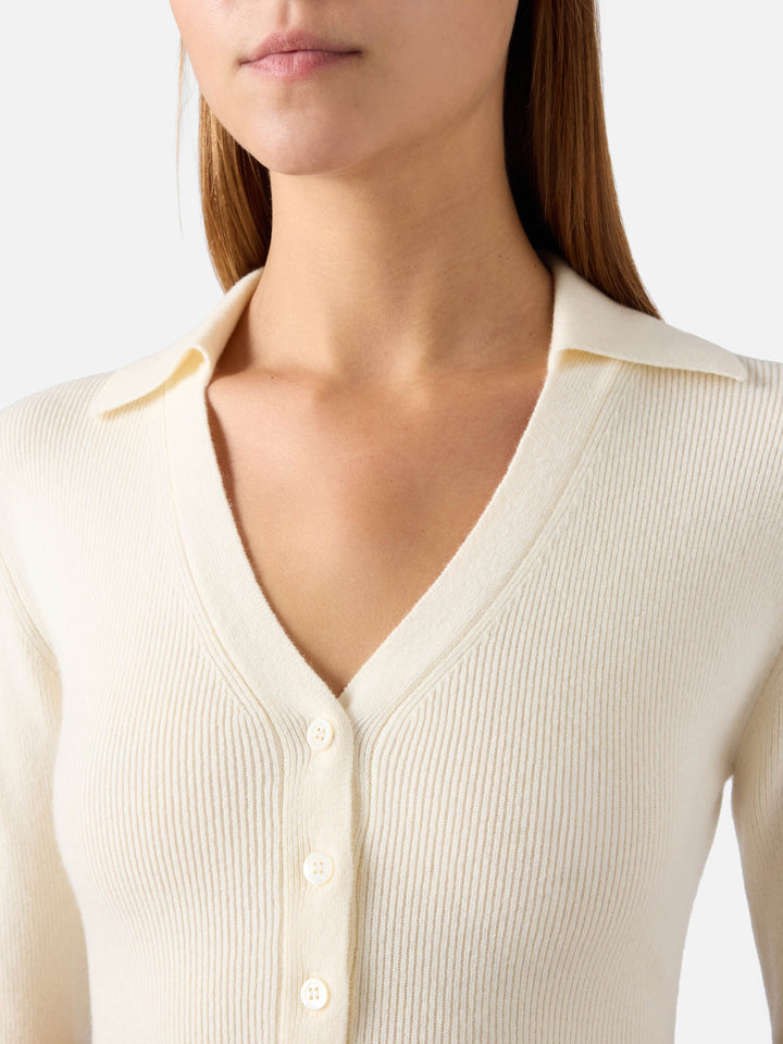 Body en maille de laine Aelis Off white avec col polo 