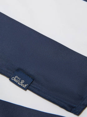 Aidan beach towel with blue and white stripes and logo