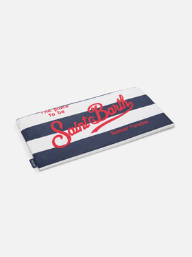 Aidan beach towel with blue and white stripes and logo