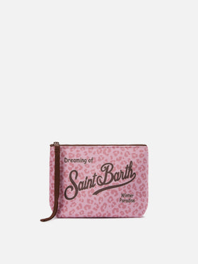 Aline Pouch in wool-effect fabric with pink leopard print