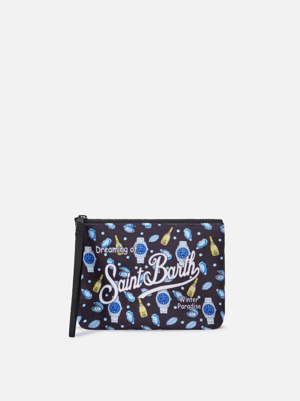 Black Aline pochette with oysters and watches print
