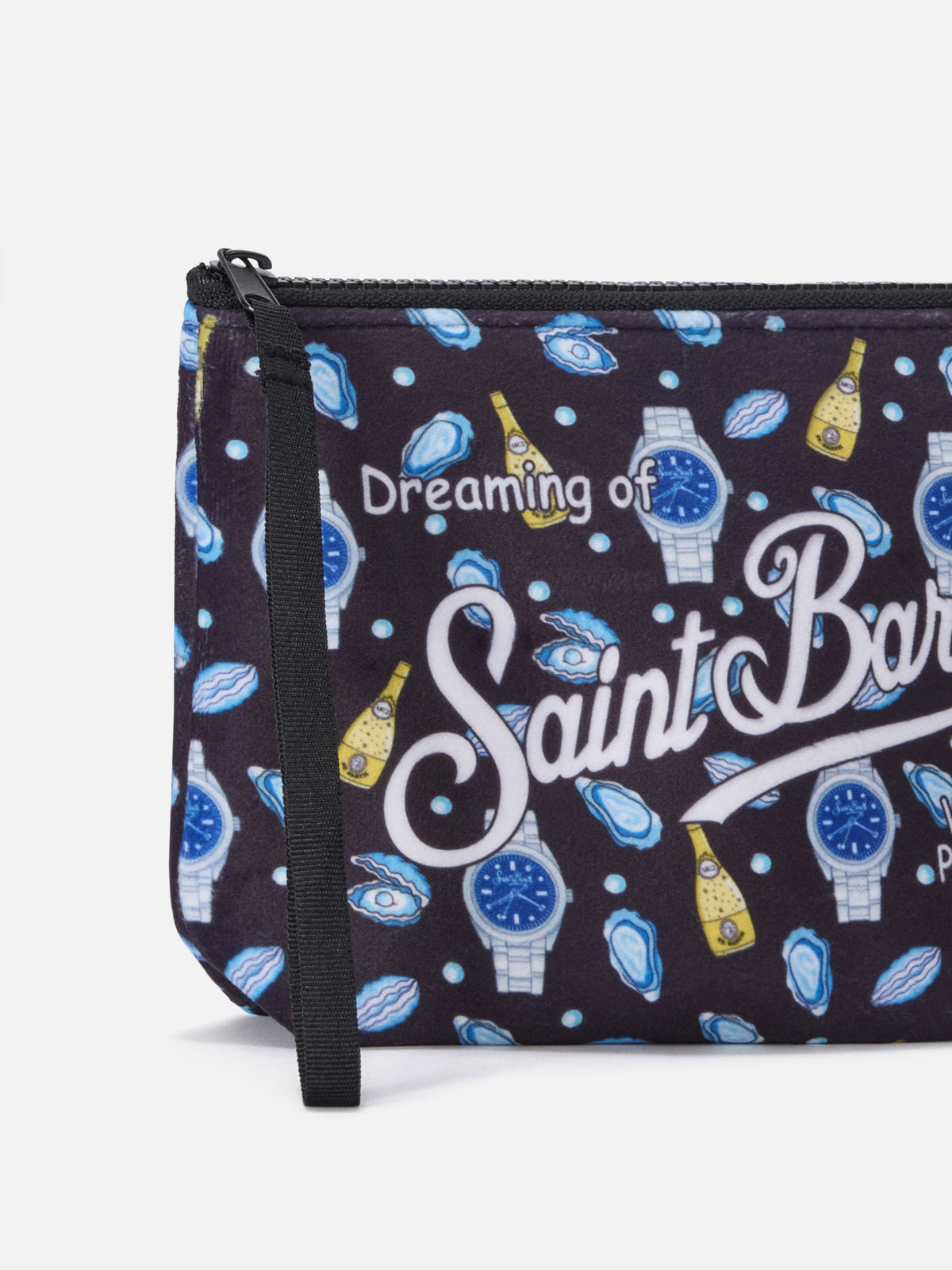 Black Aline pochette with oysters and watches print