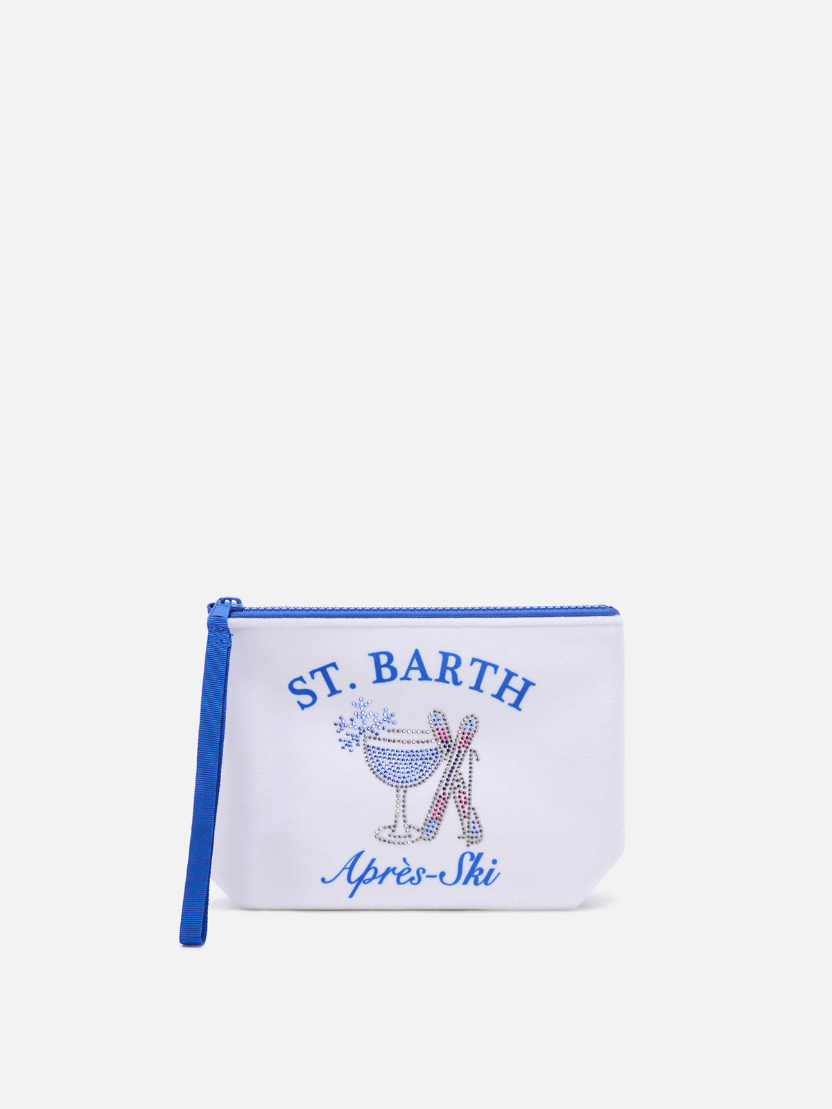 Off white Aline pochette with Après Ski print and rhinestones
