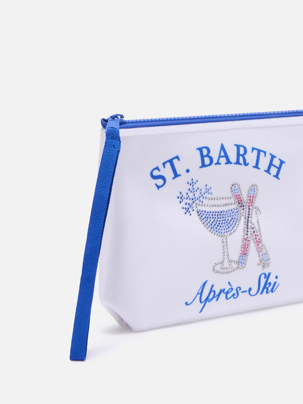 Off white Aline pochette with Après Ski print and rhinestones