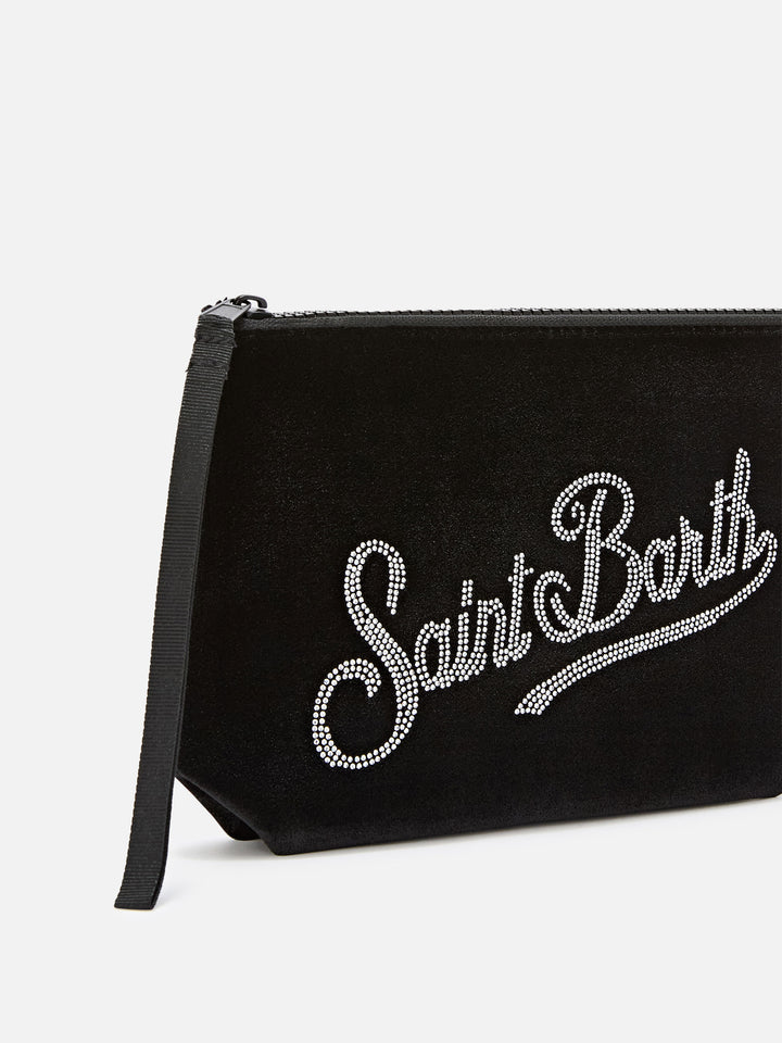 Pochette Aline nera in velluto con logo in strass