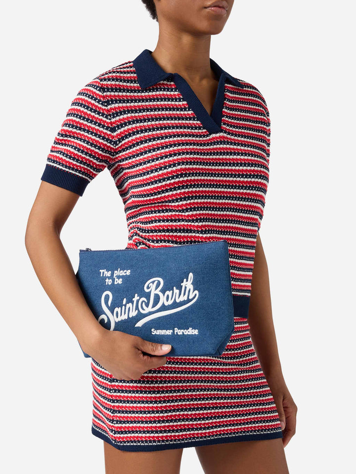 Aline dark blue denim-effect pouch