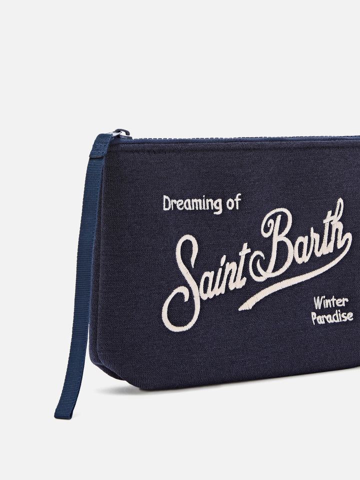 Mélange de laine bleu marine blue Aline pochette avec broderie du logo 