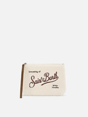 Beiger Aline Teddy-pochette mit brauner Logo-Stickerei 