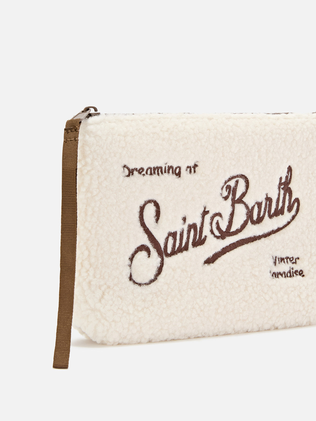 Beiger Aline Teddy-pochette mit brauner Logo-Stickerei 