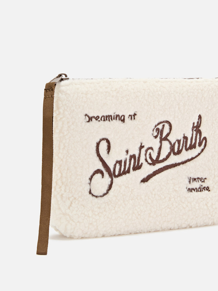 Beiger Aline Teddy-pochette mit brauner Logo-Stickerei 