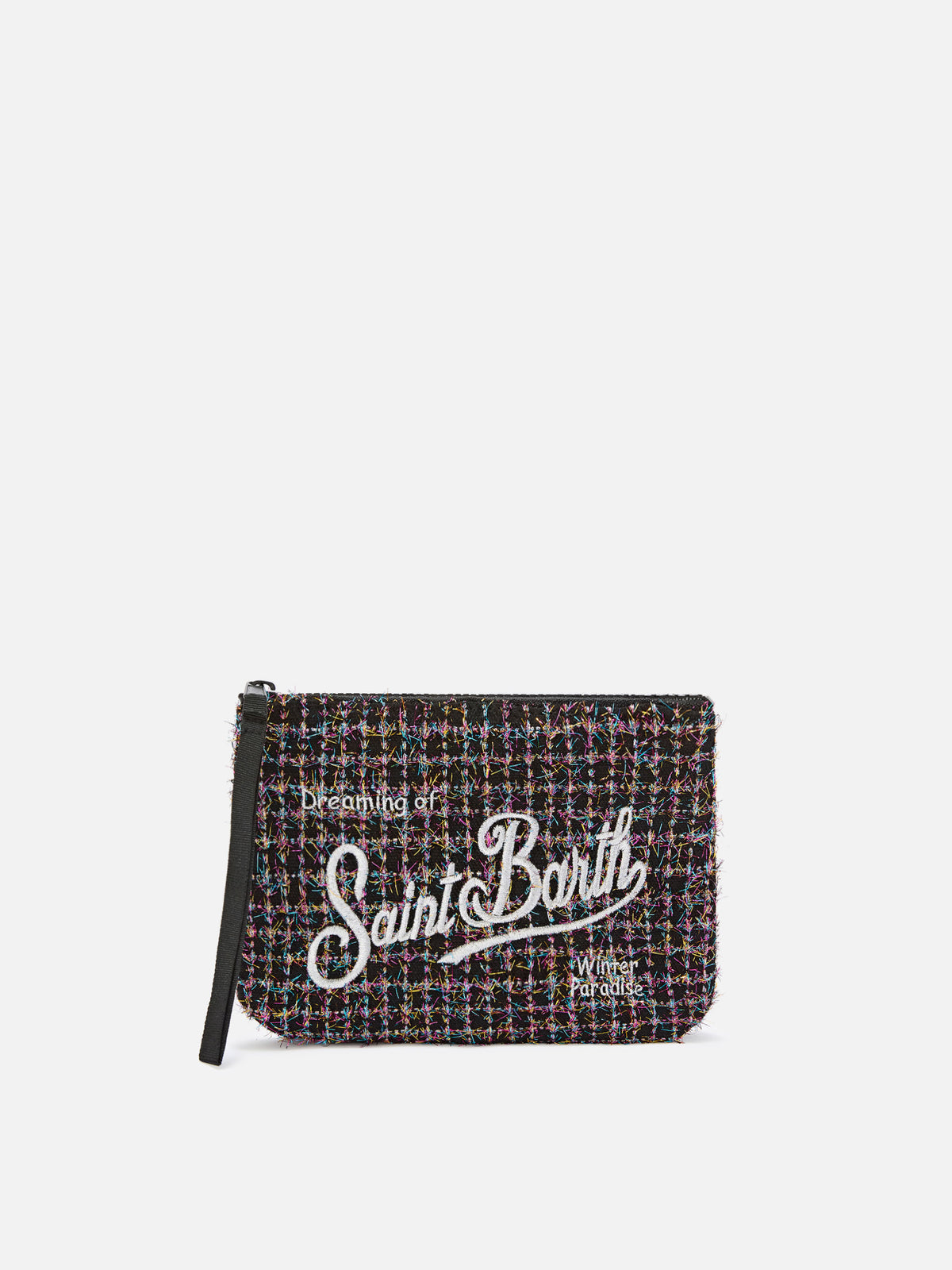 Pochette Aline nera in tweed con ricamo logo