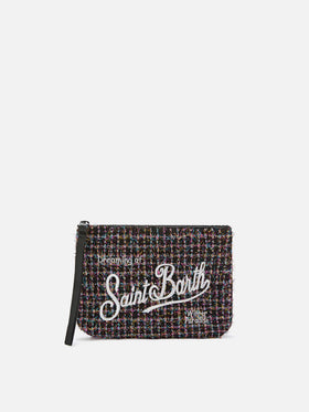 Pochette Aline nera in tweed con ricamo logo