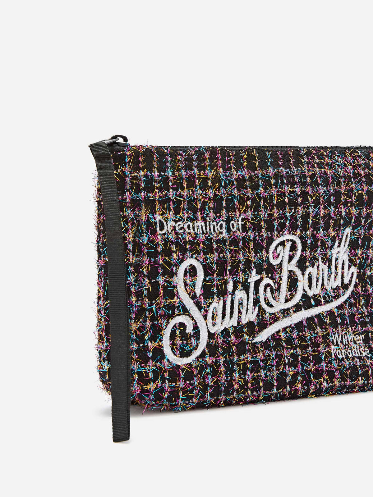 Pochette Aline nera in tweed con ricamo logo