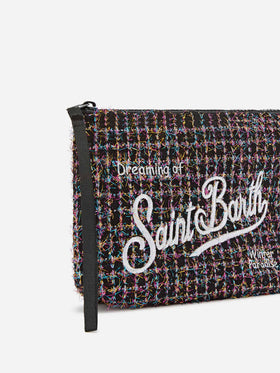 Pochette Aline nera in tweed con ricamo logo