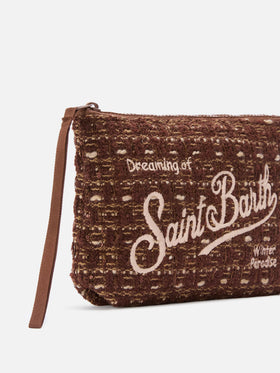 Aline de tweed marrón pochette con bordado del logo 