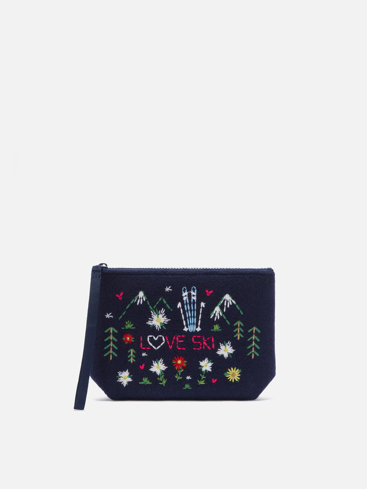 Feutre bleu marine blue Aline pochette avec fleurs et cœurs brodés 