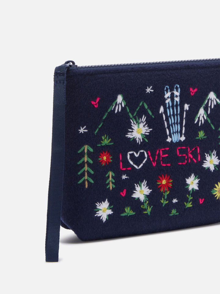 Feutre bleu marine blue Aline pochette avec fleurs et cœurs brodés 