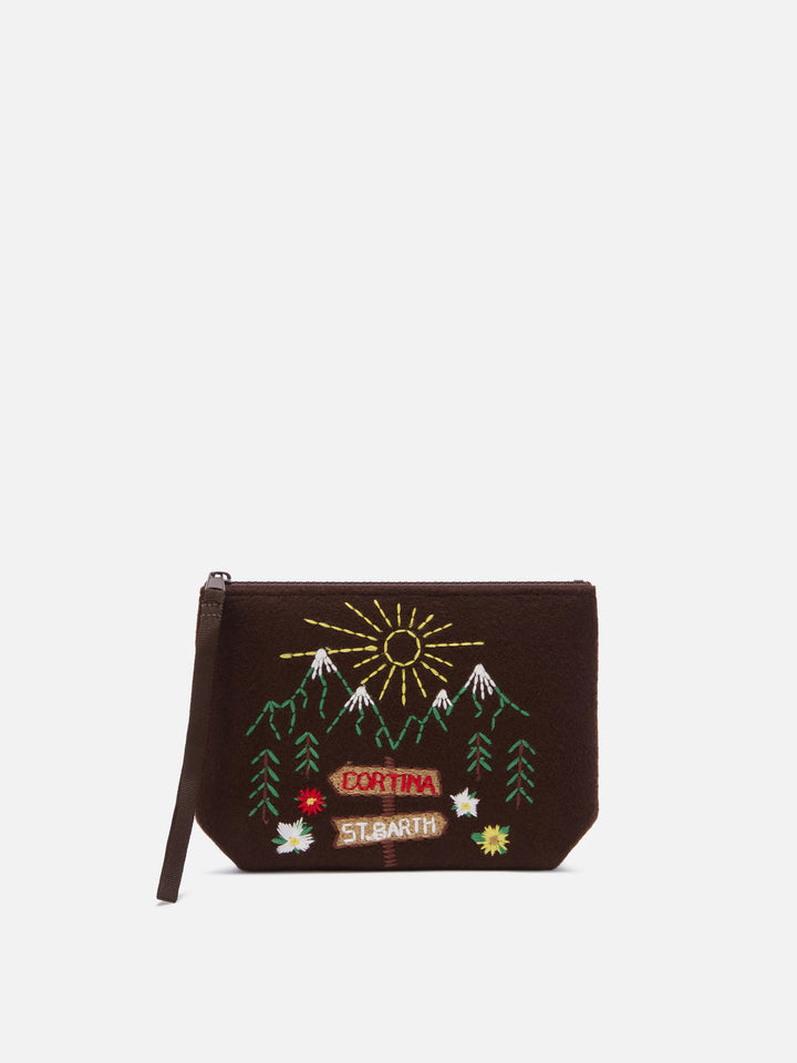 Chapeau en feutre Aline marron pochette avec paysage de montagne brodé 