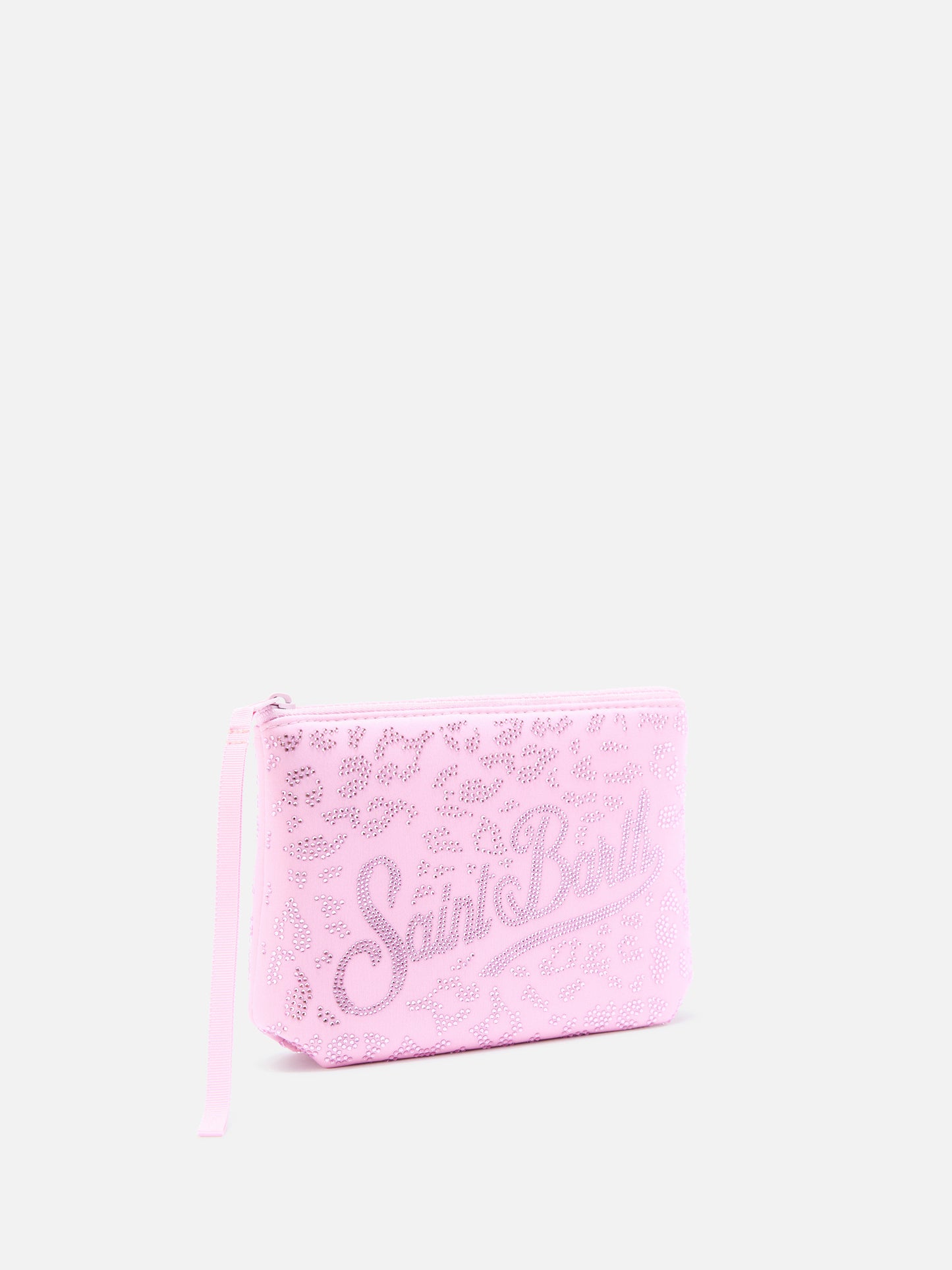 Pochette Aline en scuba avec imprimé léopard et ornement de strass 