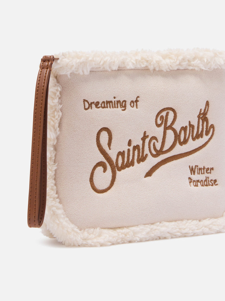 Pochette Aline bianco sporco effetto montone con ricamo logo