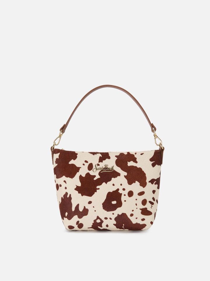 Aline Tasche aus Ponyfell mit Kuhmuster und Metall-Logoplakette 