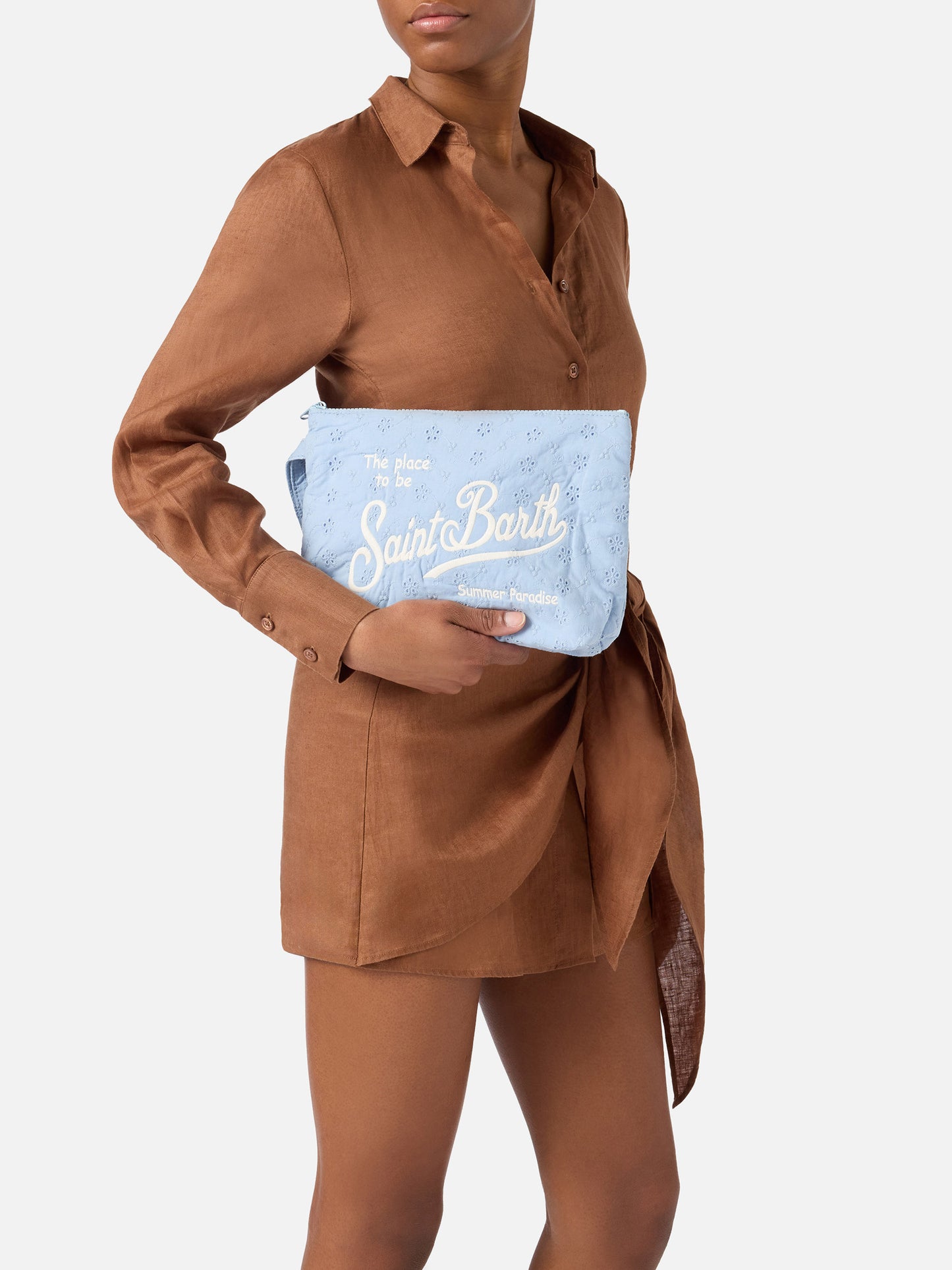 Aline light blue broderie anglaise cotton pouch