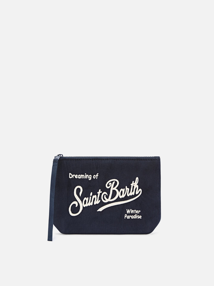 Pochette Aline blu navy in velluto a coste con ricamo logo