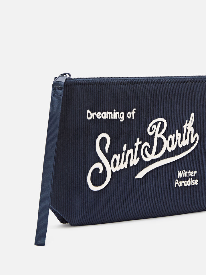 Pochette Aline blu navy in velluto a coste con ricamo logo