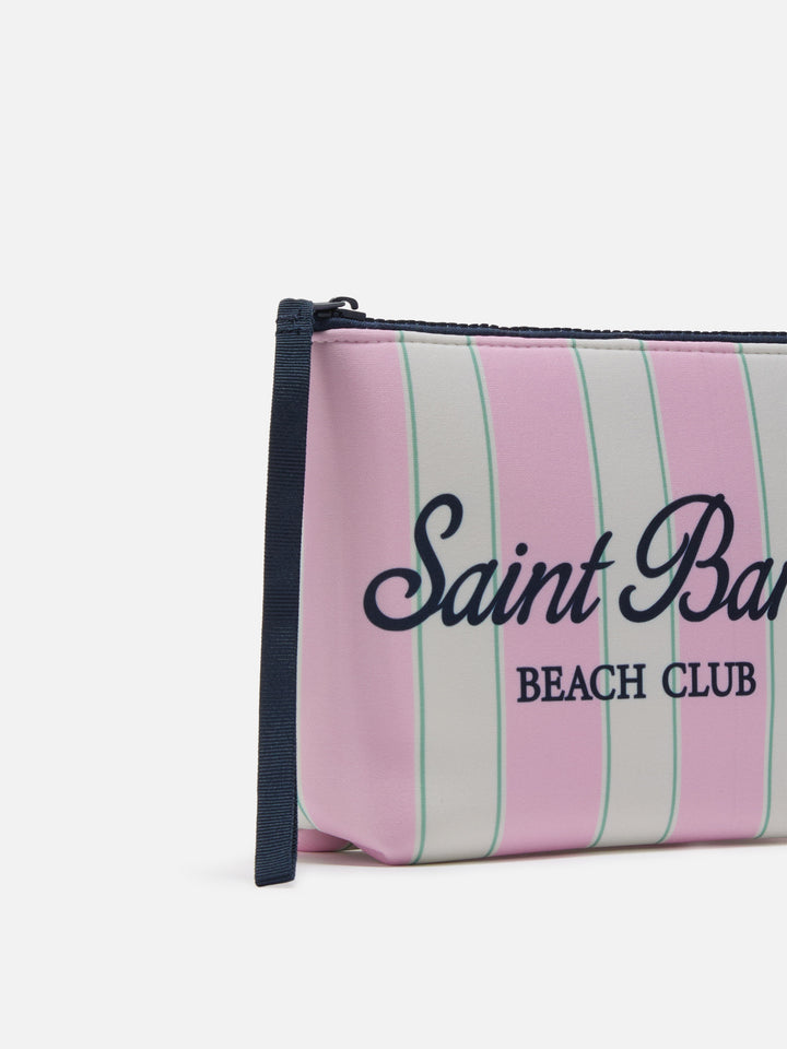 Pochette Aline in scuba a righe rosa e verdi con logo Beach Club