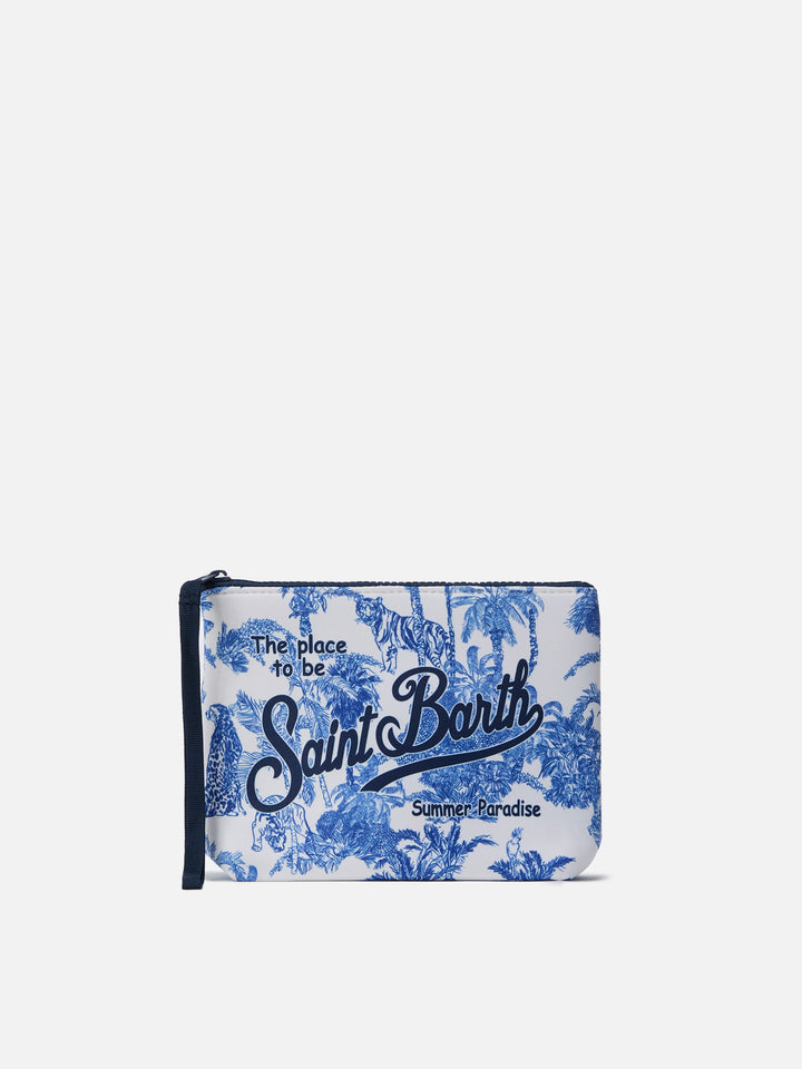 Pochette Aline in scuba bianca con stampa toile de jouy Jungle Oceania