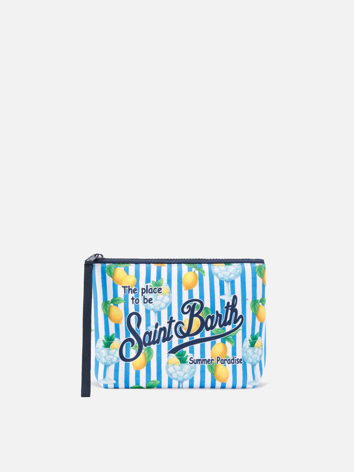 Pochette Aline in scuba a righe blu con stampa limoni e Gin Tonic