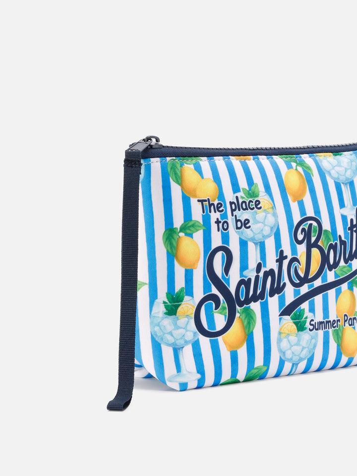 Pochette Aline in scuba a righe blu con stampa limoni e Gin Tonic