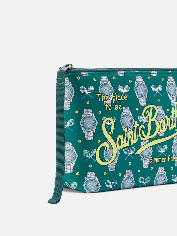 Pochette Aline in scuba con stampa Tennis e Orologi