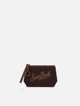 Pochette Mini Aline marrone in tessuto cerato con ricamo logo