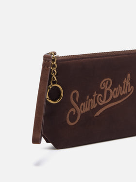 Pochette Mini Aline marrone in tessuto cerato con ricamo logo