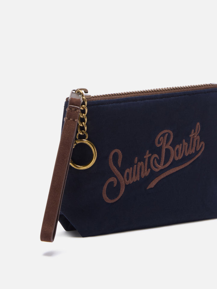 Mini Aline bleu marine blue enduit pouch avec broderie logo 