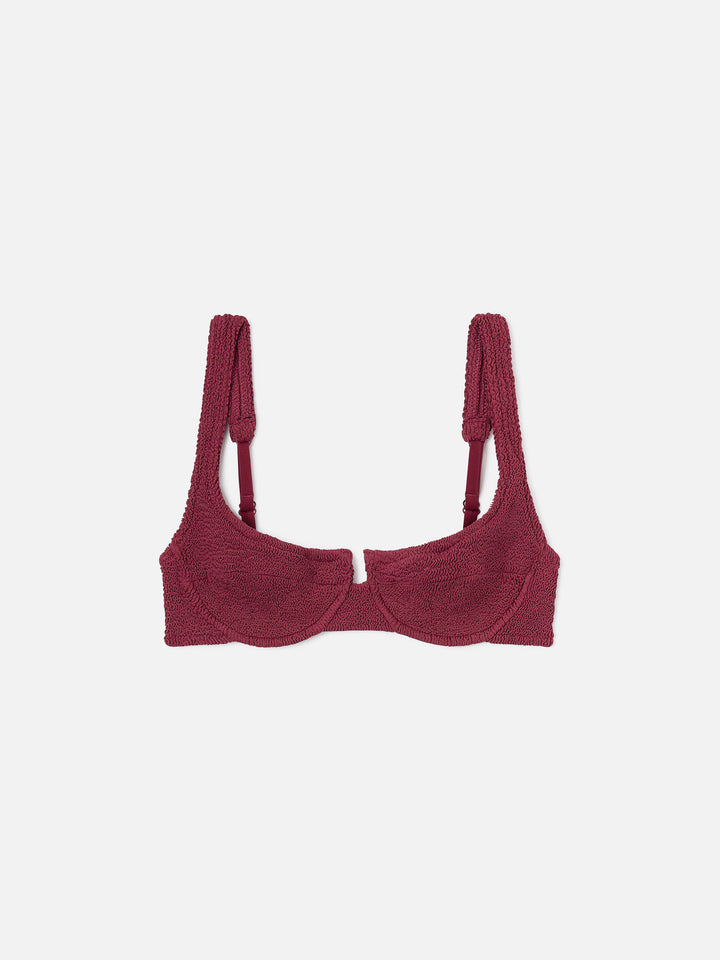 Haut de bikini balconnet Amira en tissu crinkle bordeaux 