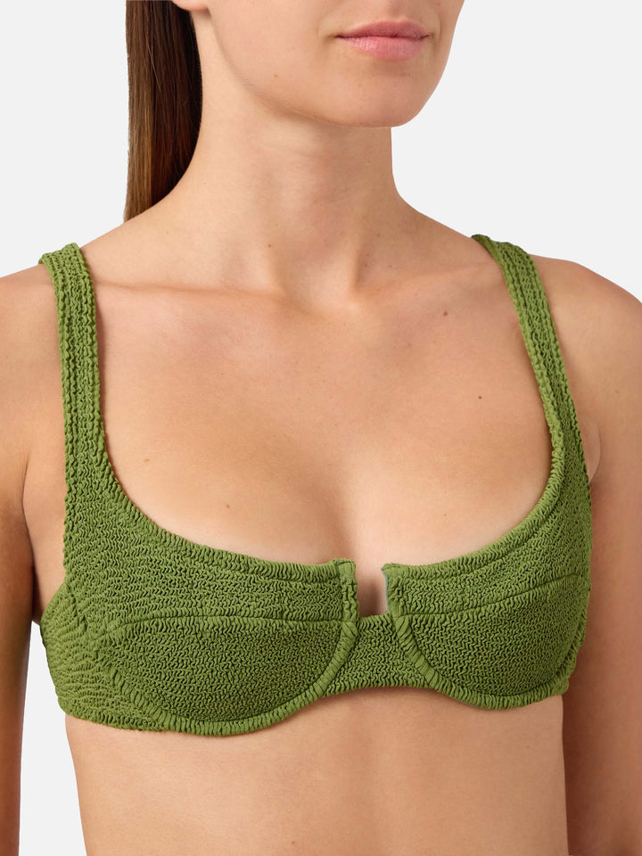 Top de bikini balconette Amira en tejido crinkle verde militar 
