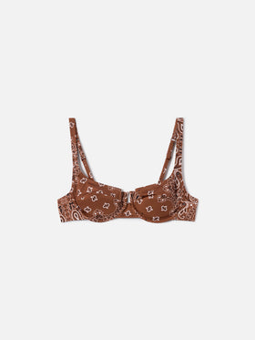 Amira balconette bikini top with brown bandana print