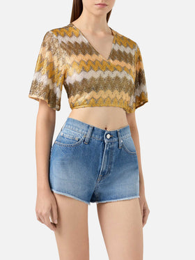 Blusa con scollo a V in tessuto raschel