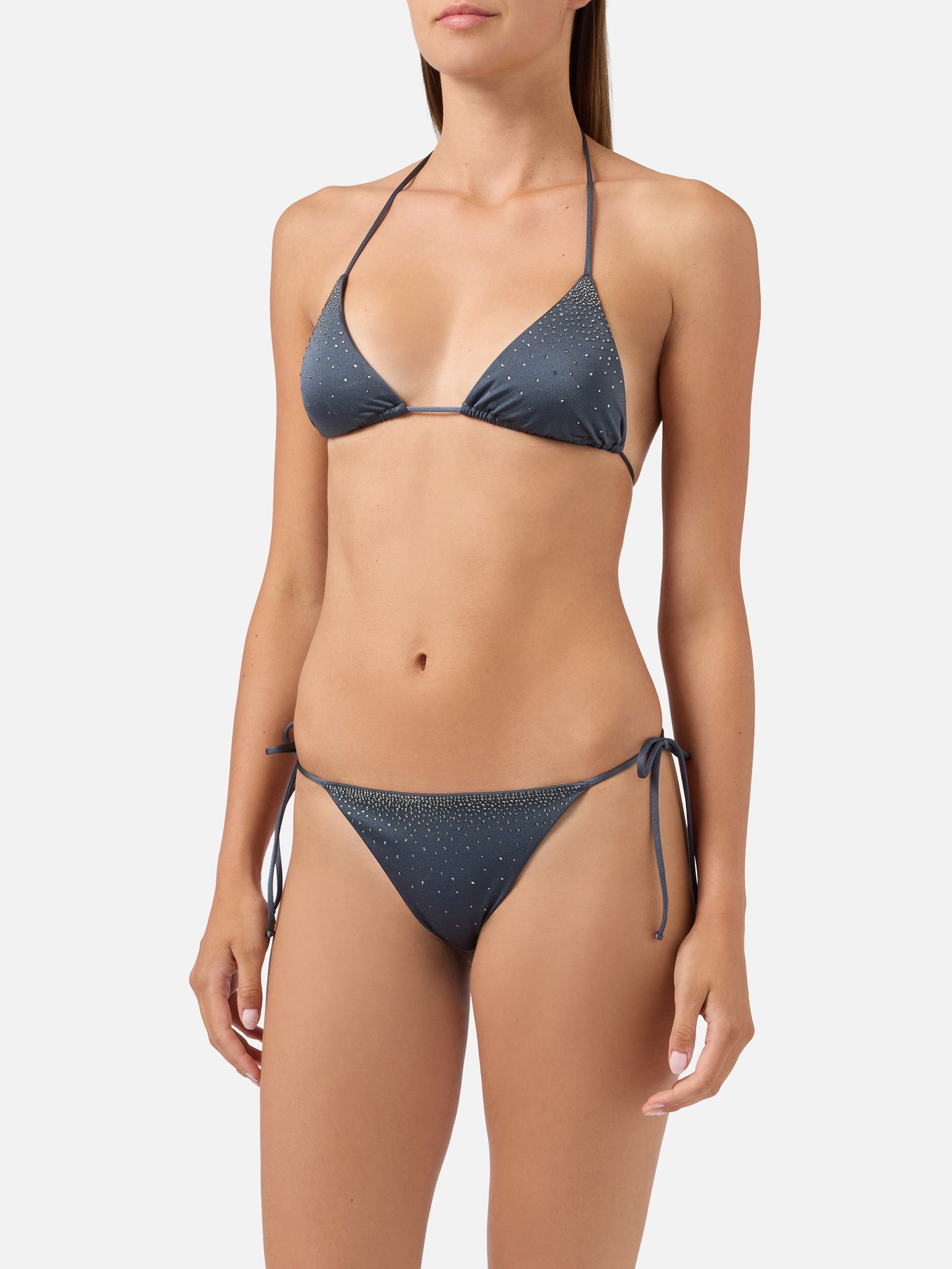 Annabelle Marielle dark grey glossy finish bikini with rhinestone details
