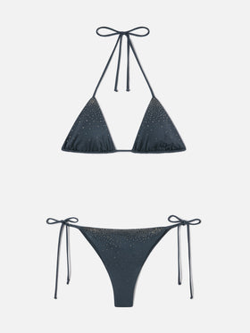 Annabelle Marielle dark grey glossy finish bikini with rhinestone details