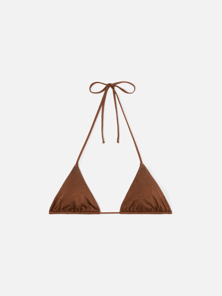 Annabelle triangle bikini top in brown with applied strass details