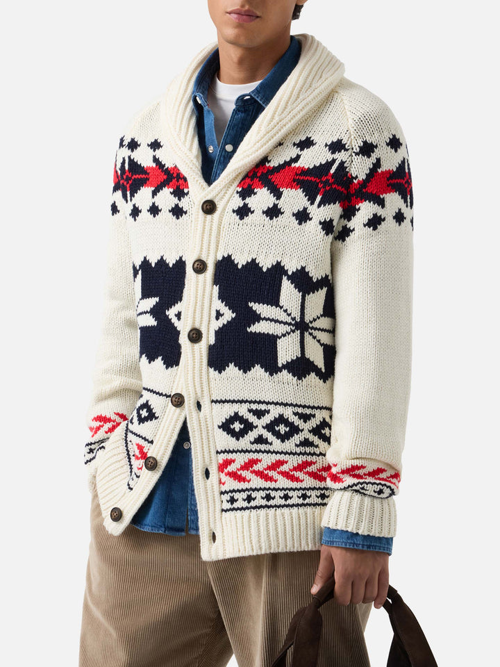 Cream Archer wool and cashmere blend cardigan with nordic pattern
