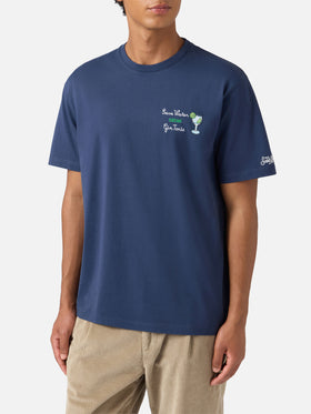 T-shirt Arnott in cotone blu con ricamo Save water drink Gin Tonic