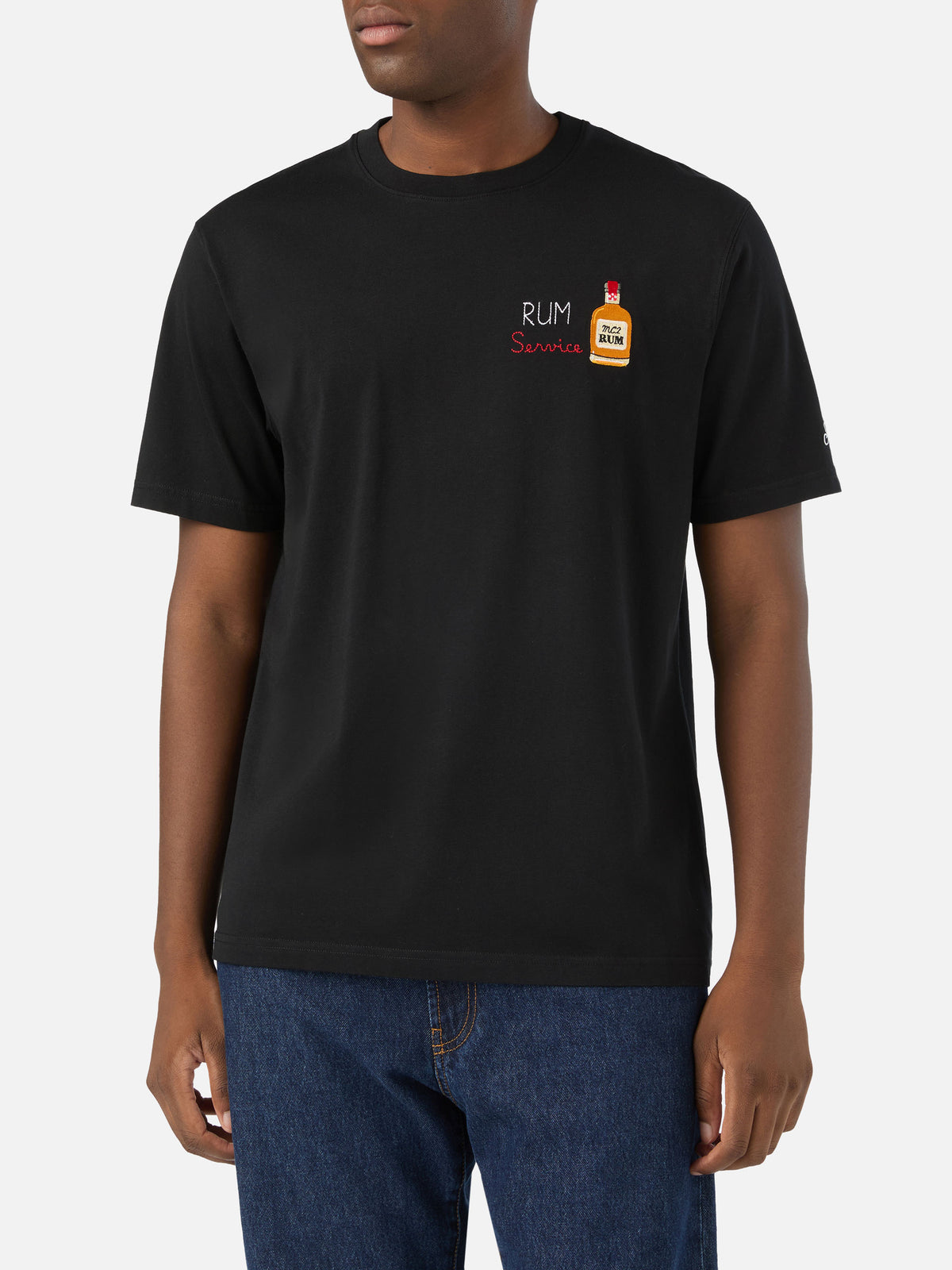 Schwarzes T-Shirt aus Arnott Baumwolle mit Rum Service-Stickerei 