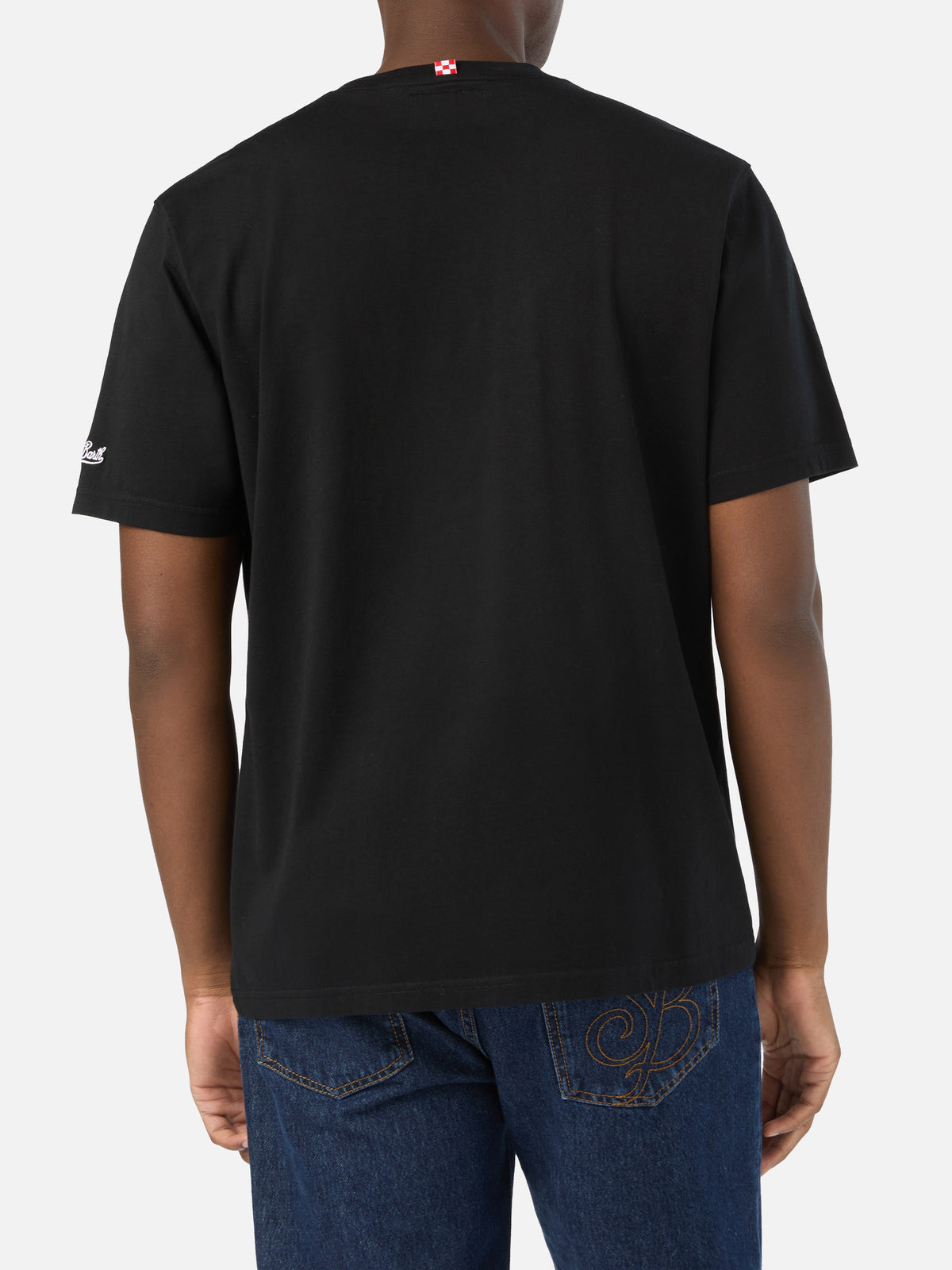Schwarzes T-Shirt aus Arnott Baumwolle mit Rum Service-Stickerei 